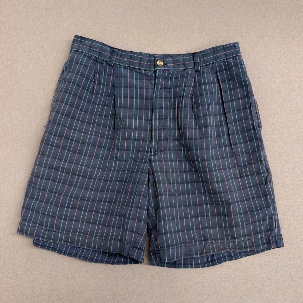 Vintage Mens Plaid Pleated Cotton Shorts Navy Blue Green Red Size 38